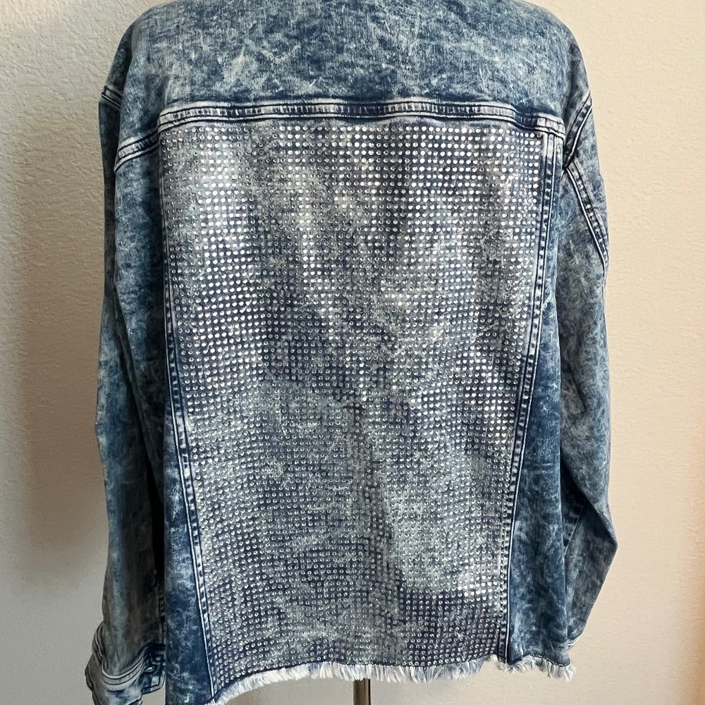 Marina Rinaldi Distressed Denim Jacket with Bottom Fringe and Rhinetone Back